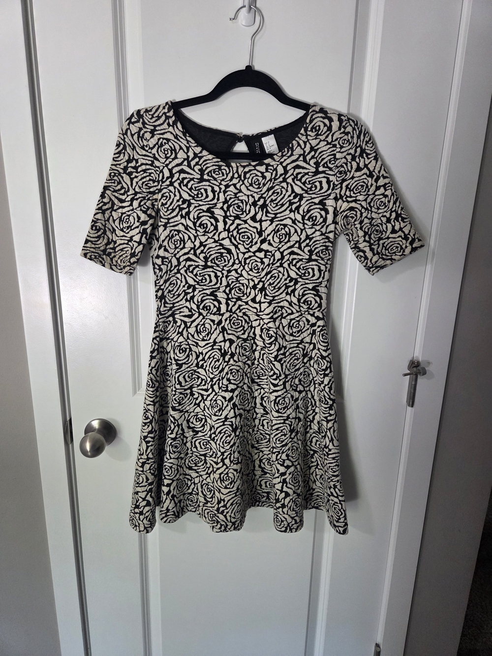 Black and Cream Rose-Print Fit & Flare Dress